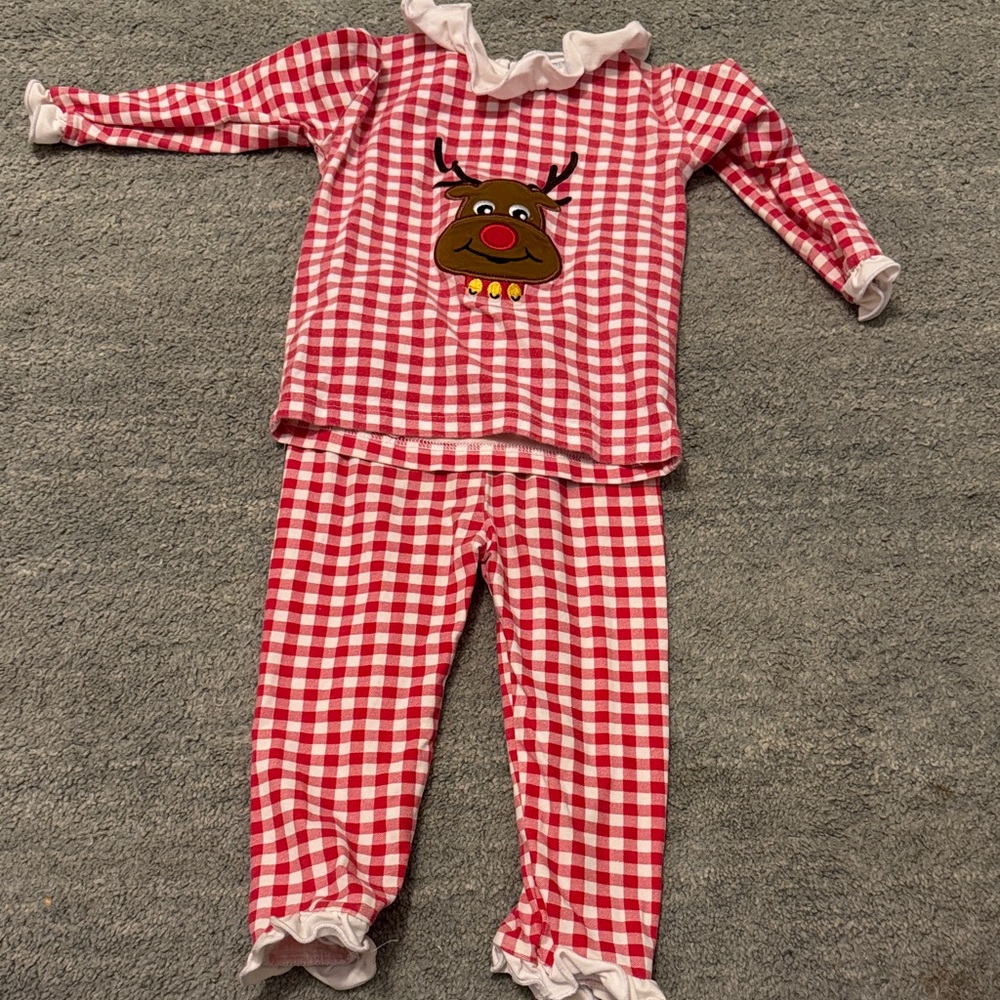 Festive Red and White Kids Pajama Set with Reindeer Design